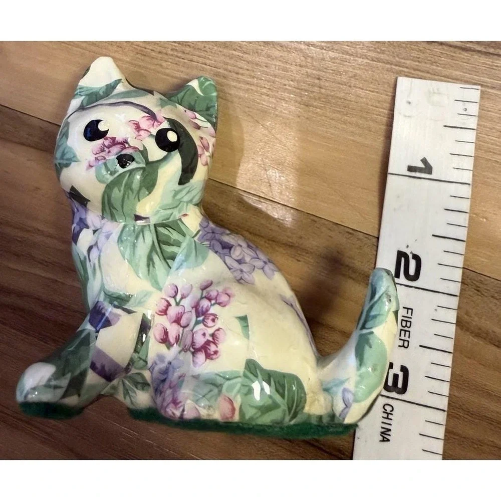 Handmade Floral Decoupage‎ Cat Figurine Made in Canada Ceramic Cottagecore Decor